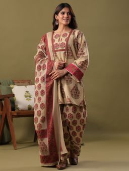 Rimeline - Red Pure Cotton Floral Printed Kurta with Palazzo and Dupatta