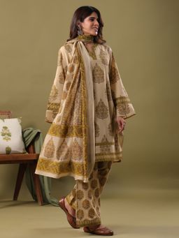 Rimeline - Mustard Pure Cotton Floral Printed Kurta with Palazzo and Dupatta
