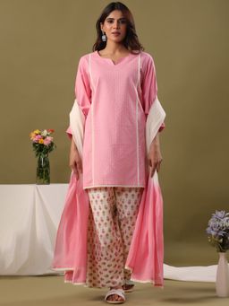 Rimeline - Pink Pure Cotton Solid/Plain Plain Kurta with Palazzo and Dupatta