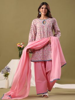 Rimeline - Pink Pure Cotton Floral Printed Kurta with Palazzo and Dupatta