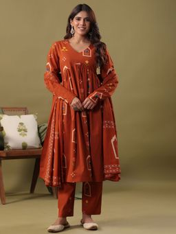 Rimeline - Rust Pure Cotton Printed Printed Anarkali Kurta with Palazzo and Dupatta