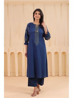 SAVI - Blue Cotton Embroidered Kurta with Pant