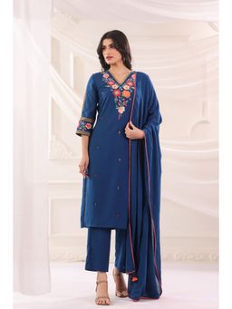 SAVI - Blue Cotton Flex Embroidered Kurta with Pant and Dupatta