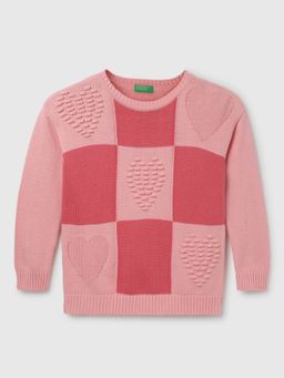 United Colors of Benetton - Pink Girls Regular Fit Round Neck Checked Sweater