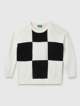 United Colors of Benetton - White Girls Regular Fit Round Neck Checked Sweater