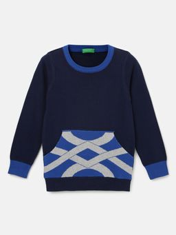 United Colors of Benetton - Navy Blue Boys Regular Fit Crew Neck Colorblock Sweater