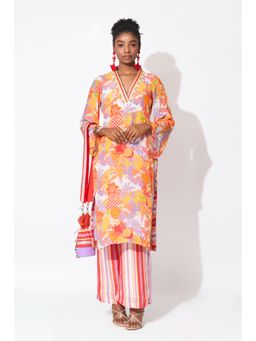 RISHI & VIBHUTI - Orange Carousel Kurta with Pant (Set of 2)