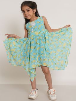 Creative Kids - Polyester Fruit Print High And Low Girls Dress - Green And Yellow