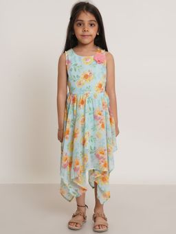 Creative Kids - Floral Print High And Low Girls Dress - Blue And Pink