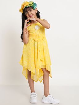 Creative Kids - Floral Print Drawstring High And Low Girls Dress - Yellow