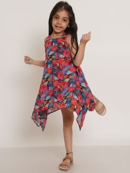 Creative Kids - Floral Print High And Low Dress - Red And Blue