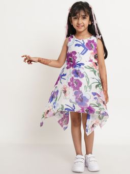 Creative Kids - Floral Print High And Low A-line Girls Dress - White And Purple
