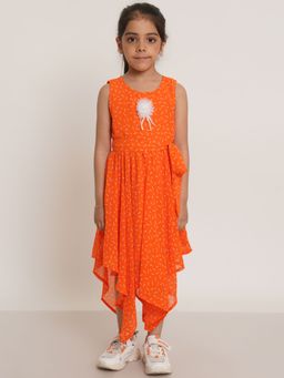 Creative Kids - Polyester Geometric Print Girls Dress - Orange And White