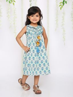 KID1 - Zui Block Print With Tassel Long Dress-blue