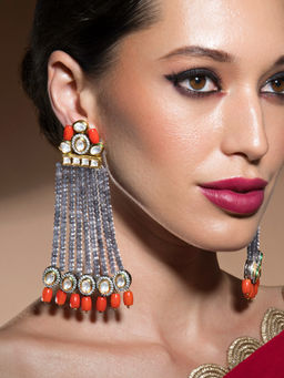 Joules By Radhika - Luxe Kundan Polki Earrings In Corals And Agate Beads
