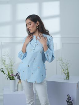 Mukul - Blue Striped Booti Embroidered Top