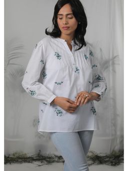 Mukul - White Embroidered Flora Shirt