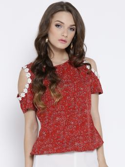 RARE - Women Red Lightweight Printed Blouson Top