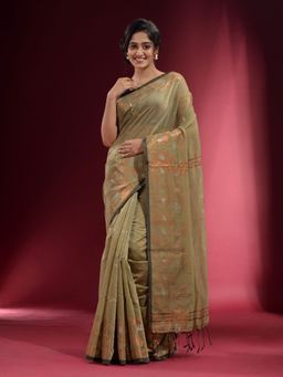 CHARUKRITI - Green with Floral Zari Design Saree with Unstitched Blouse