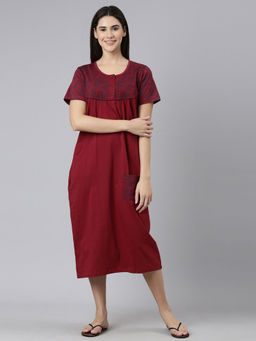 Kryptic - Maroon Floral Printed Nightdress for Women