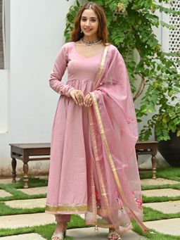 Lavanya The Label - Onion Pink Hand Paint Anarkali (Set of 3)