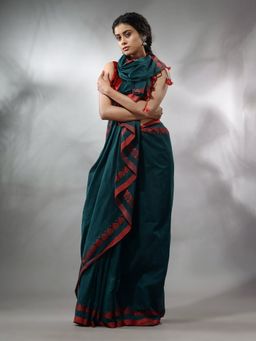 CHARUKRITI - Bottle Green Cotton Handwoven Saree with Woven Heart Borders & Unstitched Blouse