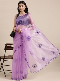 Vastranand - Purple Organza Party Wear Saree With Mirror Work Butta with Unstitched Blouse