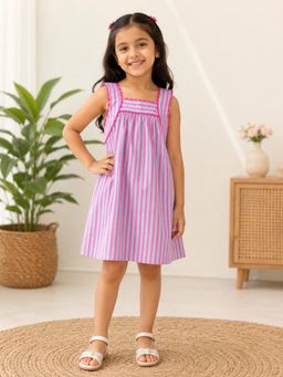 Shopbloom - Girls Pink and Blue Striped Printed Dress