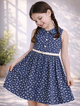 Purple United Kids - Girls Navy Blue Floral Printed Dress with Belt