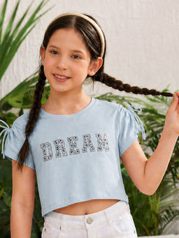 Purple United Kids - Girls Light Blue Embellished Text Crop T-shirt