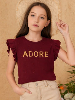 Purple United Kids - Girls Maroon Typography Ruffled Sleeves T-shirt