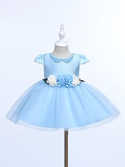 Smiley Buttons - Blue Embellished A-Line Fit Dress with Headband (Set of 2)