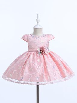 Smiley Buttons - Pink Embellished A-Line Fit Dress with Headband (Set of 2)