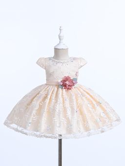 Smiley Buttons - Peach Embellished A-Line Fit Dress with Headband (Set of 2)