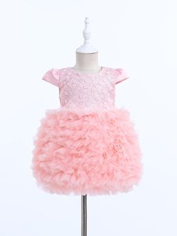 Smiley Buttons - Pink Self Design A-Line Fit Dress with Headband (Set of 2)