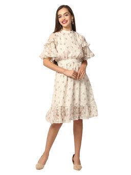 ELLE - Women Cream Floral High Neck Short Sleeve Regular Fit Flared Dress