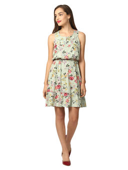 ELLE - Women Green Floral Round Neck Sleeveless Regular Fit Flared Dress