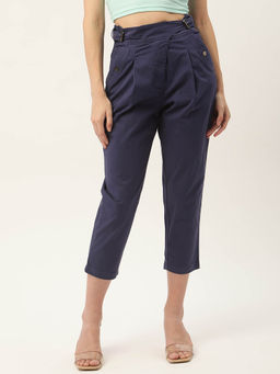ELLE - Women Navy Blue Solid Mid Rise Regular Fit Asymmetrical Twill Capri