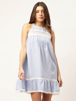 ELLE - Women Blue Gingham Checks Halter Neck Fit & Flare Dress