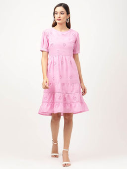 ELLE - Women Pink Embroidered Round Neck Short Sleeve Flared Dress