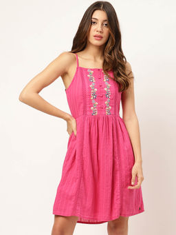 ELLE - Women Pink Embroidered Shoulder Straps Skater Fit Dress