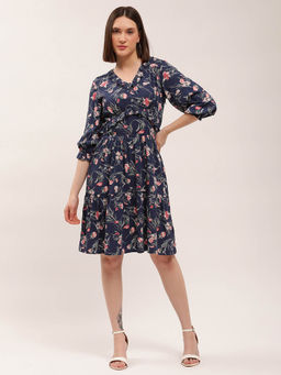 ELLE - Women Navy Blue Floral V-Neck Skater Fit & Flare Dress