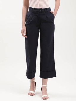 ELLE - Women Navy Blue Solid Regular Mid Rise Wide Leg Pant