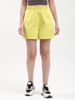 ELLE - Women Yellow Solid Above Knee Mid Rise Flared Ruffle Linen Paperbag Shorts