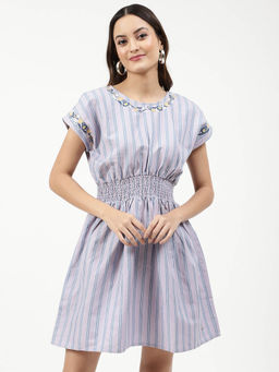 ELLE - Women Purple Vertical Stripes Round Neck Skater Fit Dress