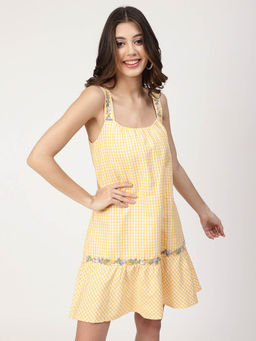 ELLE - Women Yellow Gingham Checks Relaxed Fit Strappy Dress