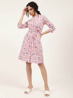 ELLE - Women Pink Floral Mandarin Neck Regular Fit A-Line Dress with Belt