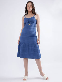 ELLE - Women Blue Textured Shoulder Straps Regular Fit Tiered Dress