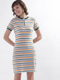 ELLE - Women Multi-Color Striped Short Sleeve Regular Fit T-Shirt Dress