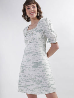 ELLE - Women Green Tie and Dye Square Neck Short Sleeve Regular Fit Dress